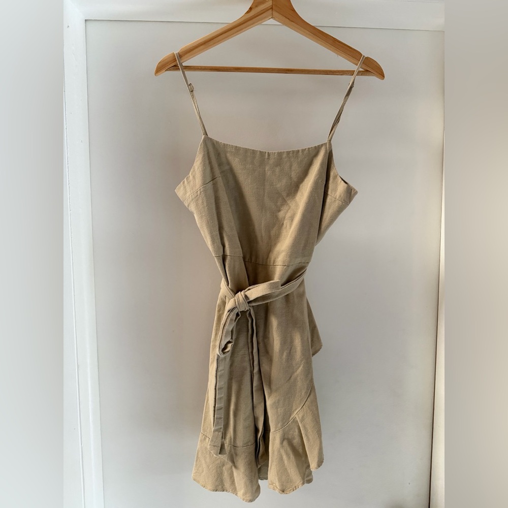 Linen Tan Spaghetti Strap Ruffle Dress - Picture 2 of 8
